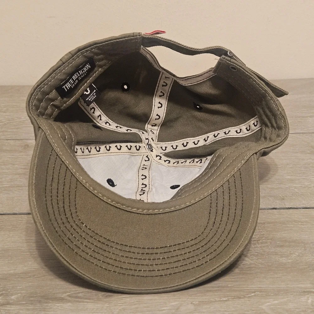 True Religion Mens Olive Green Baseball Cap Horseshoe Logo Adjustable Hat Cotton
